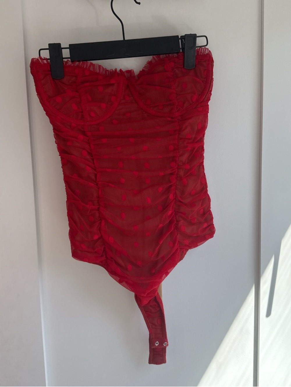 MAJORELLE Red Mesh Polka Dot Strapless Bodysuit